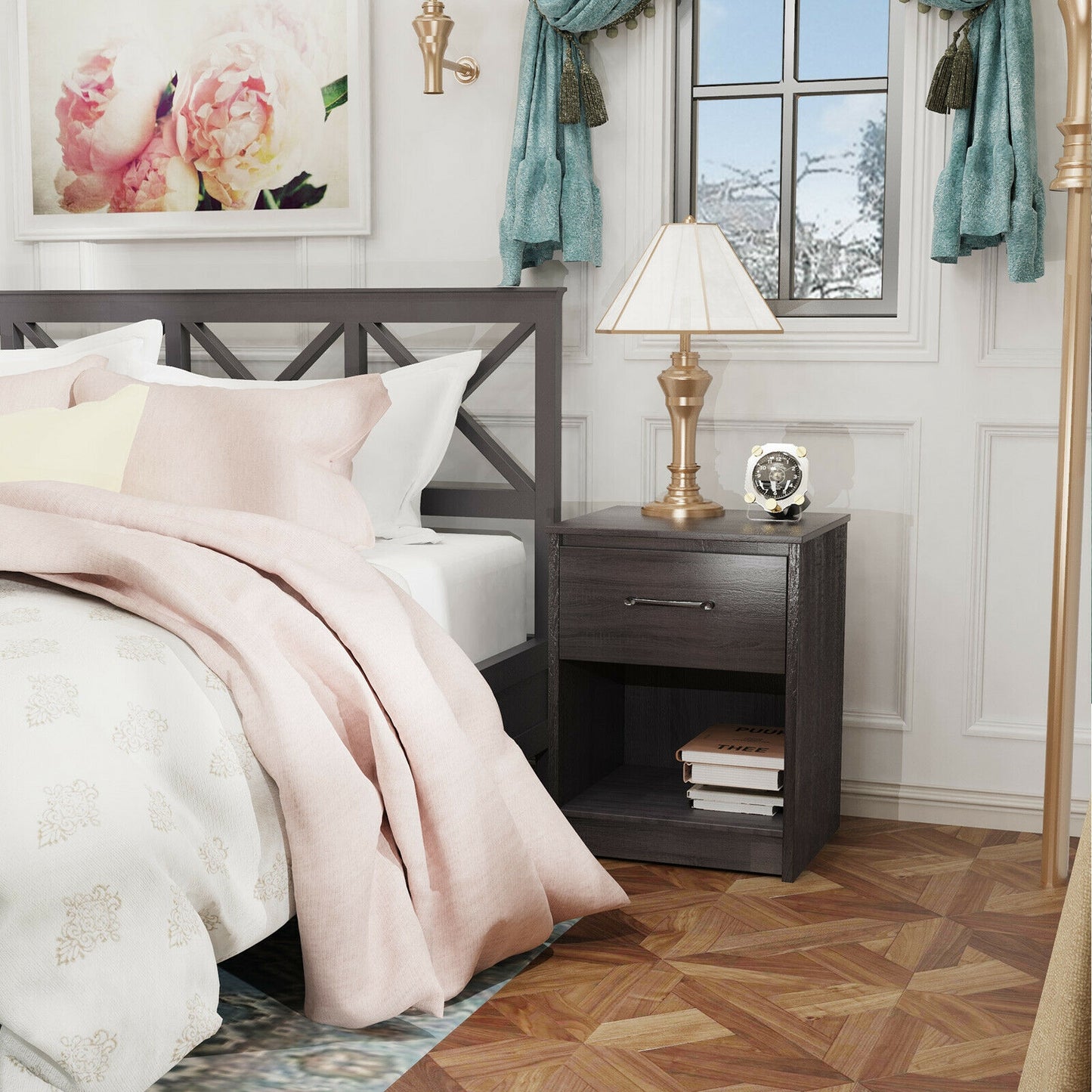 Wooden Nightstand with Drawer and Open Storage Shelf in Black Finish