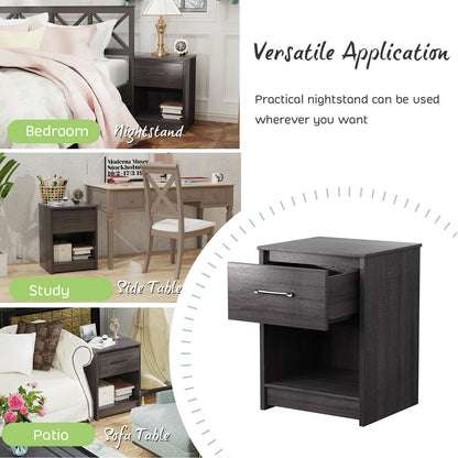 Wooden Nightstand with Drawer and Open Storage Shelf in Black Finish