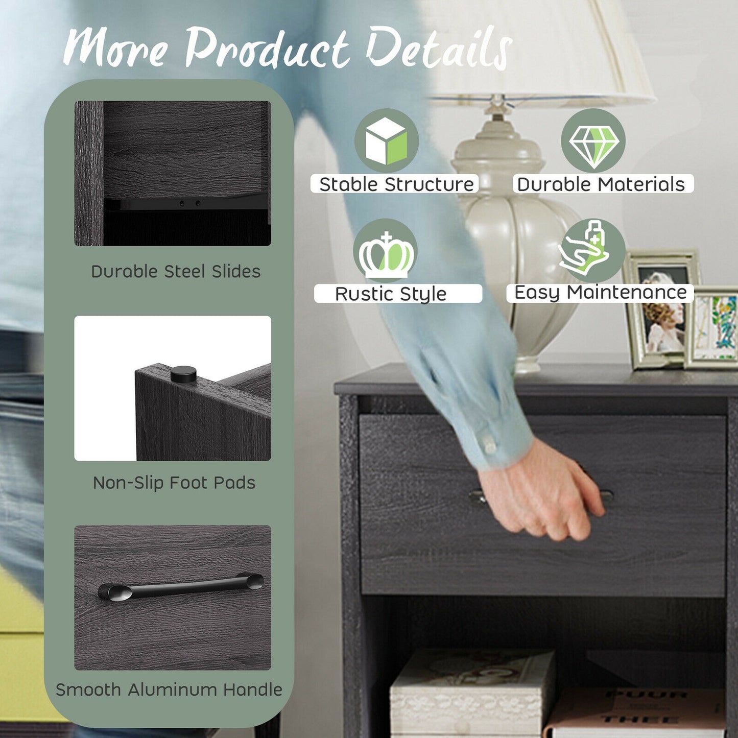Wooden Nightstand with Drawer and Open Storage Shelf in Black Finish