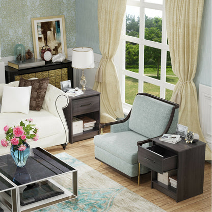 Wooden Nightstand with Drawer and Open Storage Shelf in Black Finish