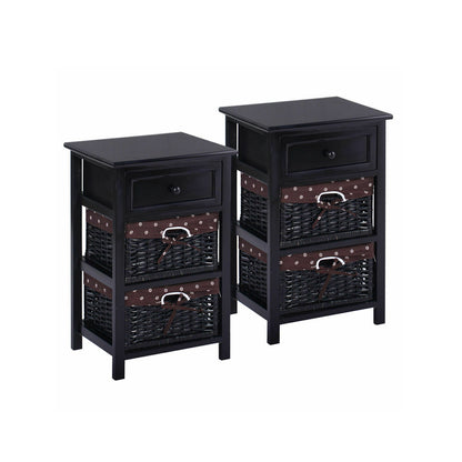 Set of 2 Three-Tier Wooden Nightstands with Drawer and Two Woven Baskets Black