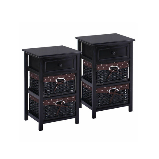Set of 2 Three-Tier Wooden Nightstands with Drawer and Two Woven Baskets Black
