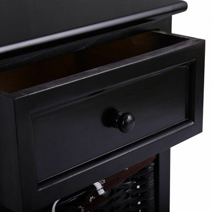Set of 2 Three-Tier Wooden Nightstands with Drawer and Two Woven Baskets Black