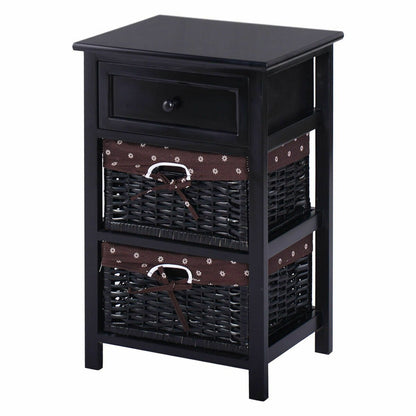 Set of 2 Three-Tier Wooden Nightstands with Drawer and Two Woven Baskets Black
