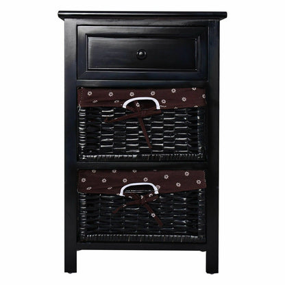 Set of 2 Three-Tier Wooden Nightstands with Drawer and Two Woven Baskets Black