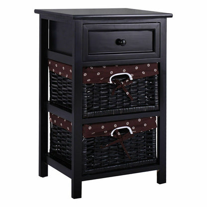 Set of 2 Three-Tier Wooden Nightstands with Drawer and Two Woven Baskets Black