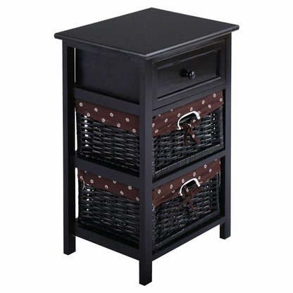 Set of 2 Three-Tier Wooden Nightstands with Drawer and Two Woven Baskets Black
