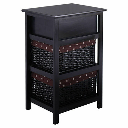 Set of 2 Three-Tier Wooden Nightstands with Drawer and Two Woven Baskets Black