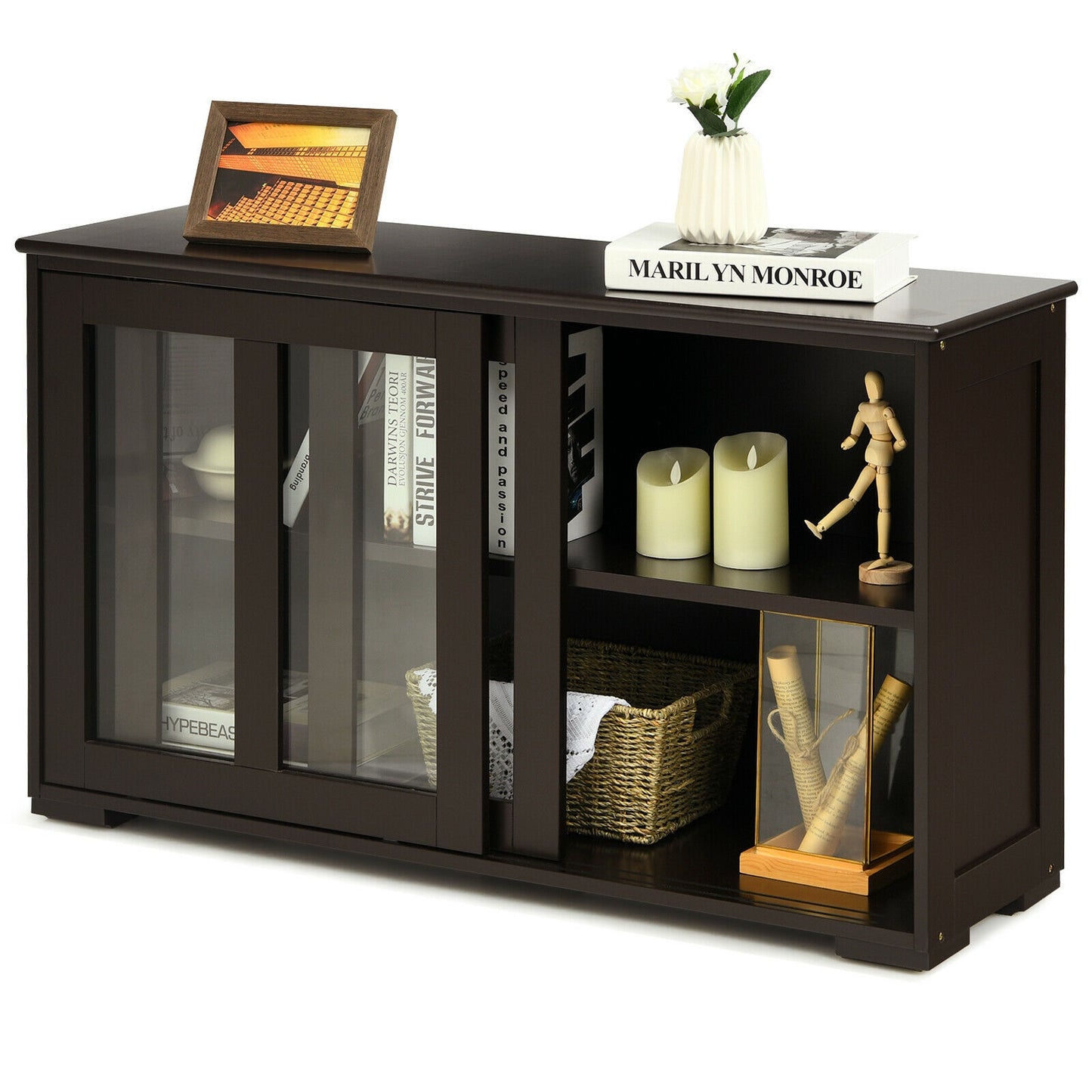 Modern Sliding Door Buffet Sideboard with Glass Cabinet Storage and Shelves - Brown