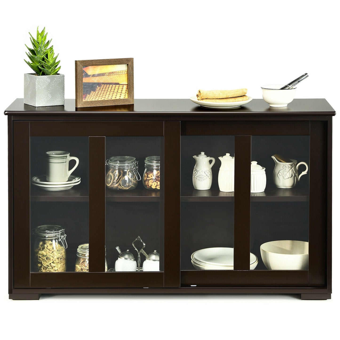 Modern Sliding Door Buffet Sideboard with Glass Cabinet Storage and Shelves - Brown