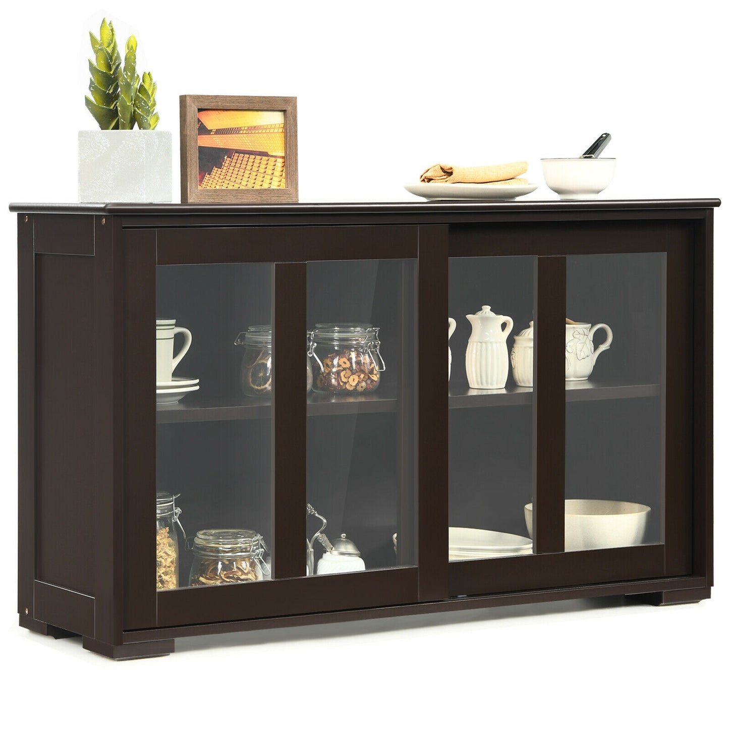 Modern Sliding Door Buffet Sideboard with Glass Cabinet Storage and Shelves - Brown