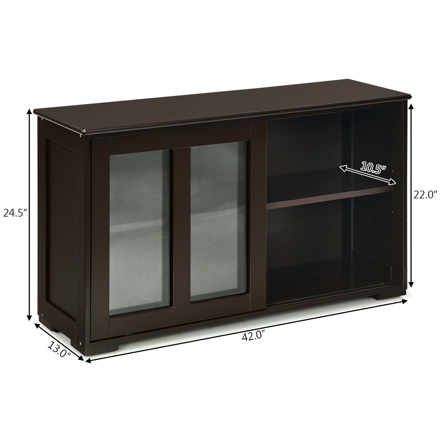 Modern Sliding Door Buffet Sideboard with Glass Cabinet Storage and Shelves - Brown