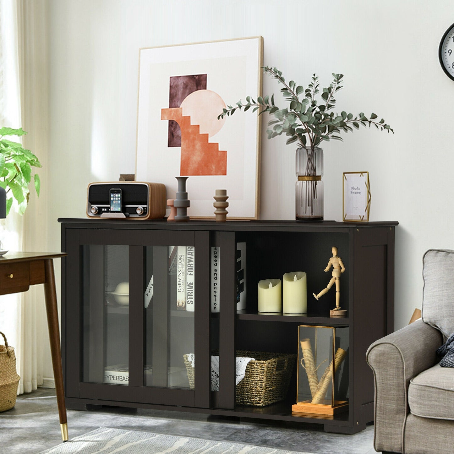Modern Sliding Door Buffet Sideboard with Glass Cabinet Storage and Shelves - Brown