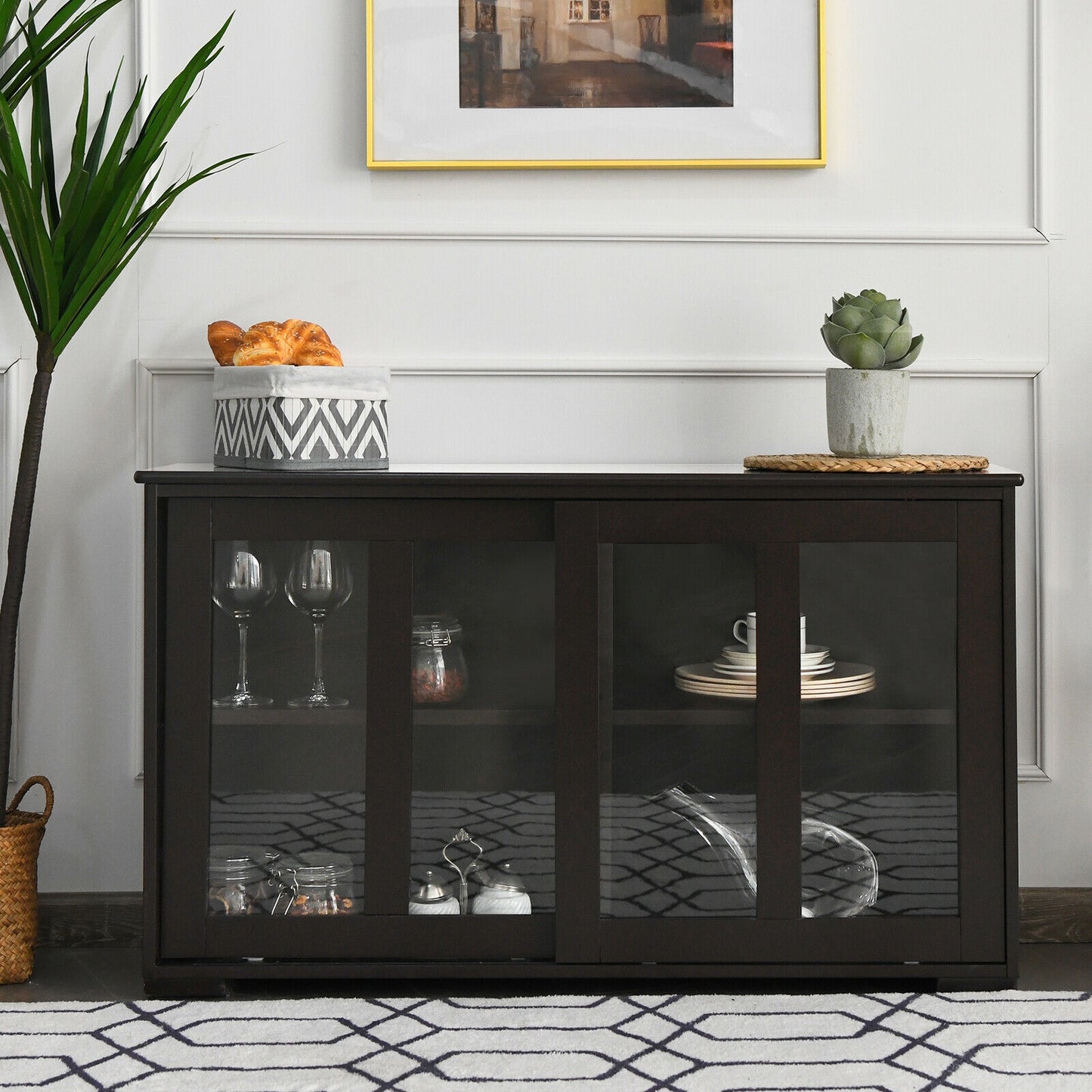 Modern Sliding Door Buffet Sideboard with Glass Cabinet Storage and Shelves - Brown