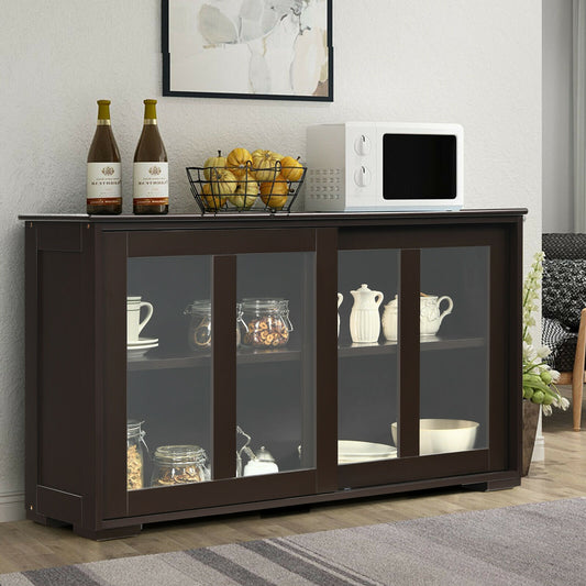 Modern Sliding Door Buffet Sideboard with Glass Cabinet Storage and Shelves - Brown
