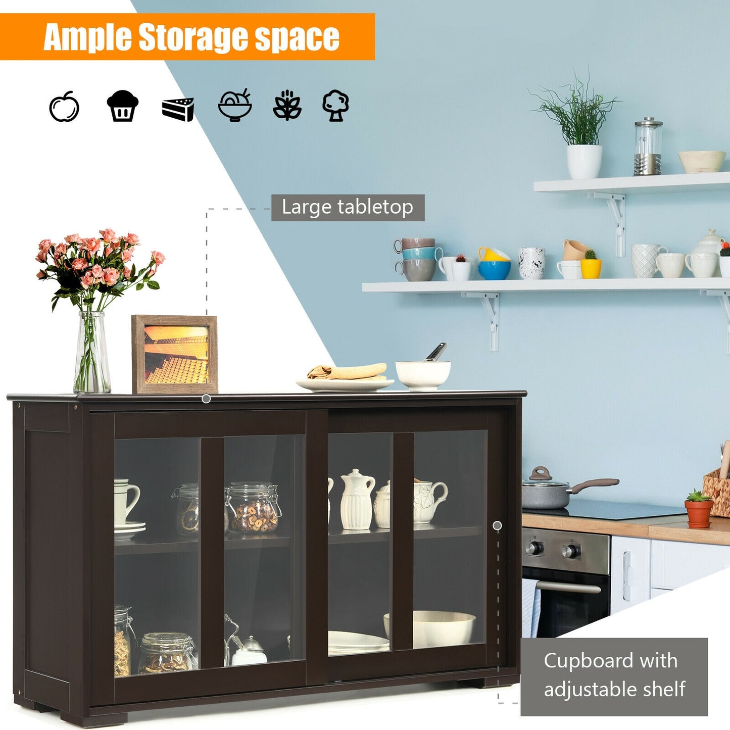 Modern Sliding Door Buffet Sideboard with Glass Cabinet Storage and Shelves - Brown