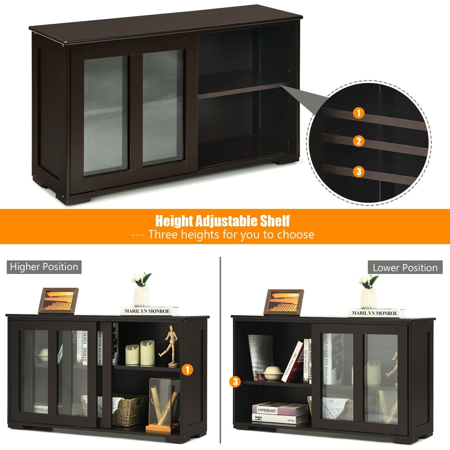 Modern Sliding Door Buffet Sideboard with Glass Cabinet Storage and Shelves - Brown