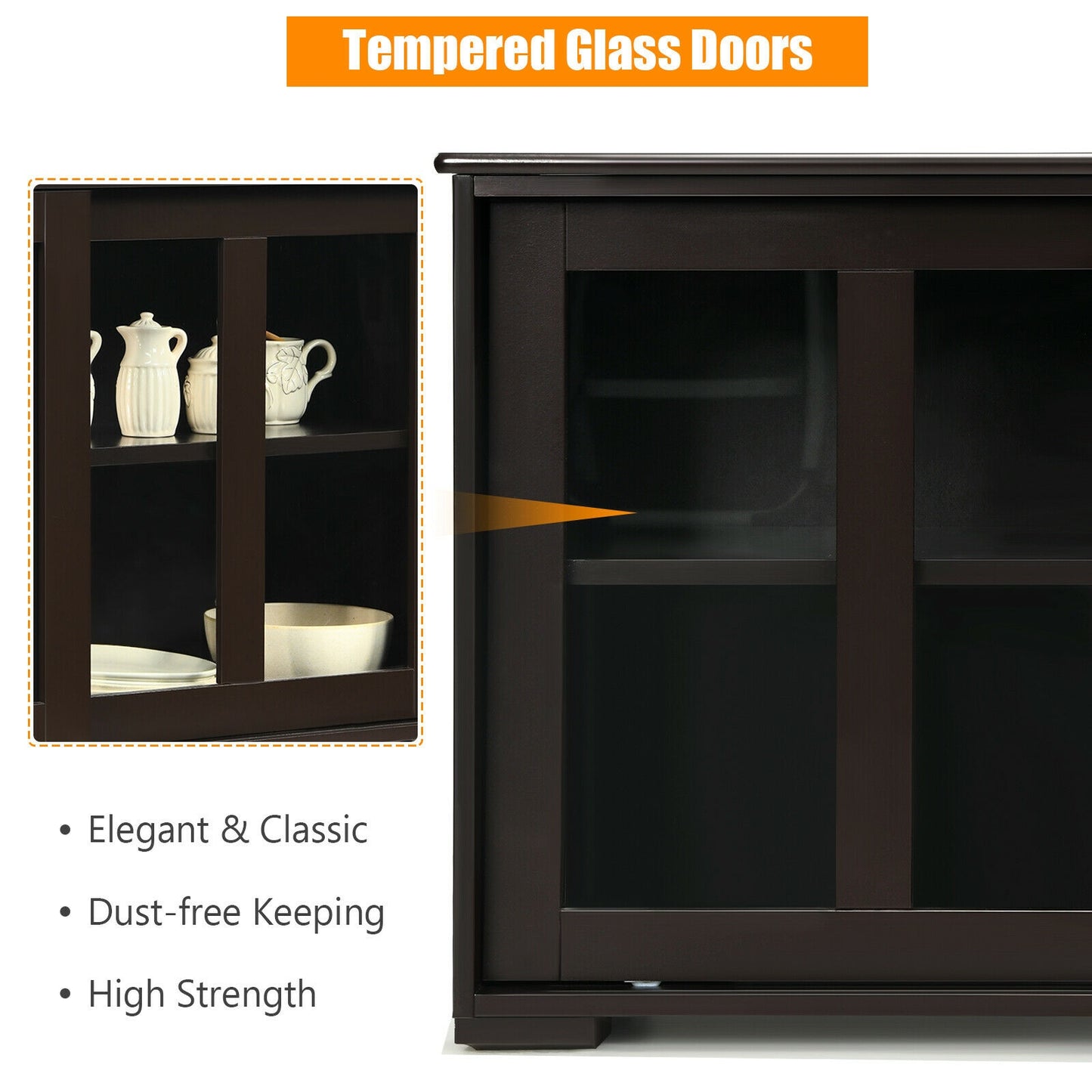 Modern Sliding Door Buffet Sideboard with Glass Cabinet Storage and Shelves - Brown