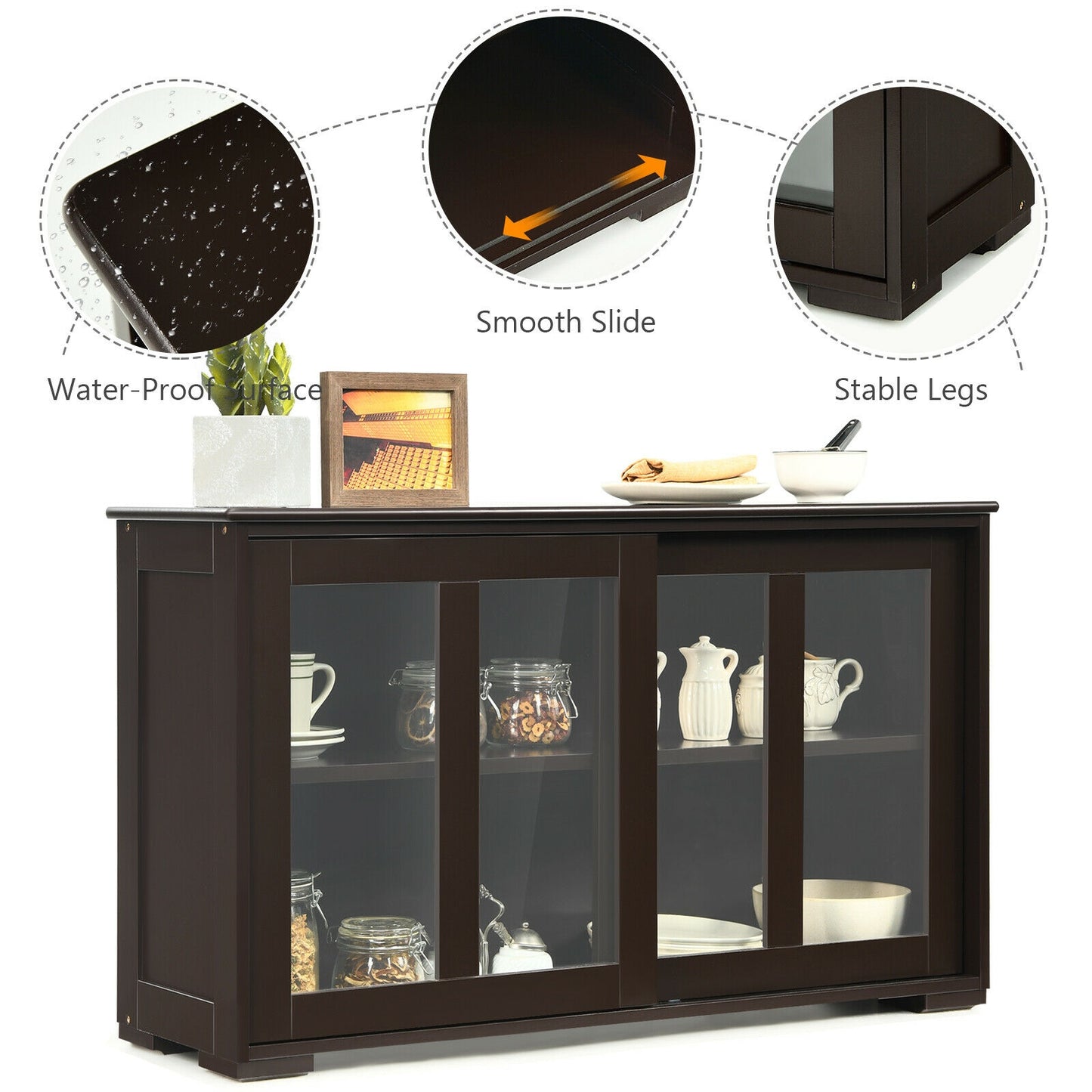 Modern Sliding Door Buffet Sideboard with Glass Cabinet Storage and Shelves - Brown
