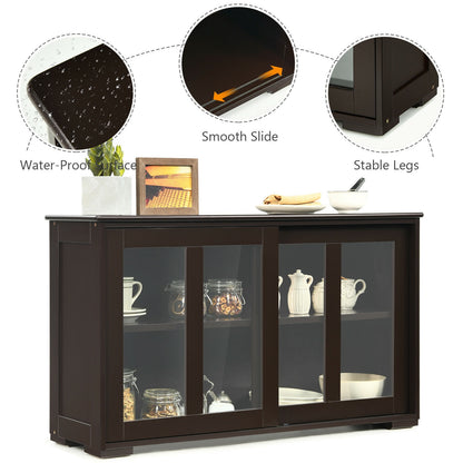 Modern Sliding Door Buffet Sideboard with Glass Cabinet Storage and Shelves - Brown