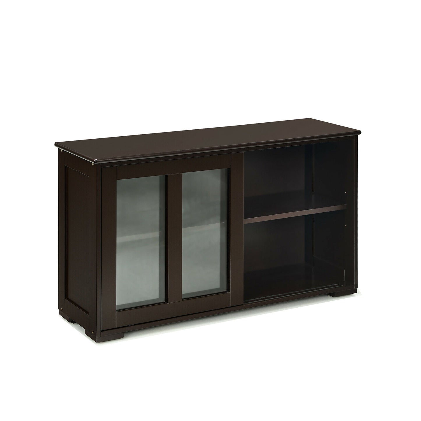 Modern Sliding Door Buffet Sideboard with Glass Cabinet Storage and Shelves - Brown
