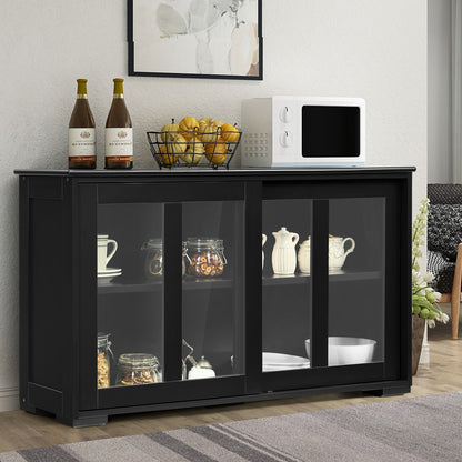 Modern Sliding Door Buffet Sideboard with Glass Cabinet Storage and Shelves - Black