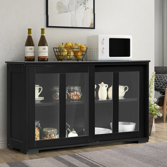 Modern Sliding Door Buffet Sideboard with Glass Cabinet Storage and Shelves - Black