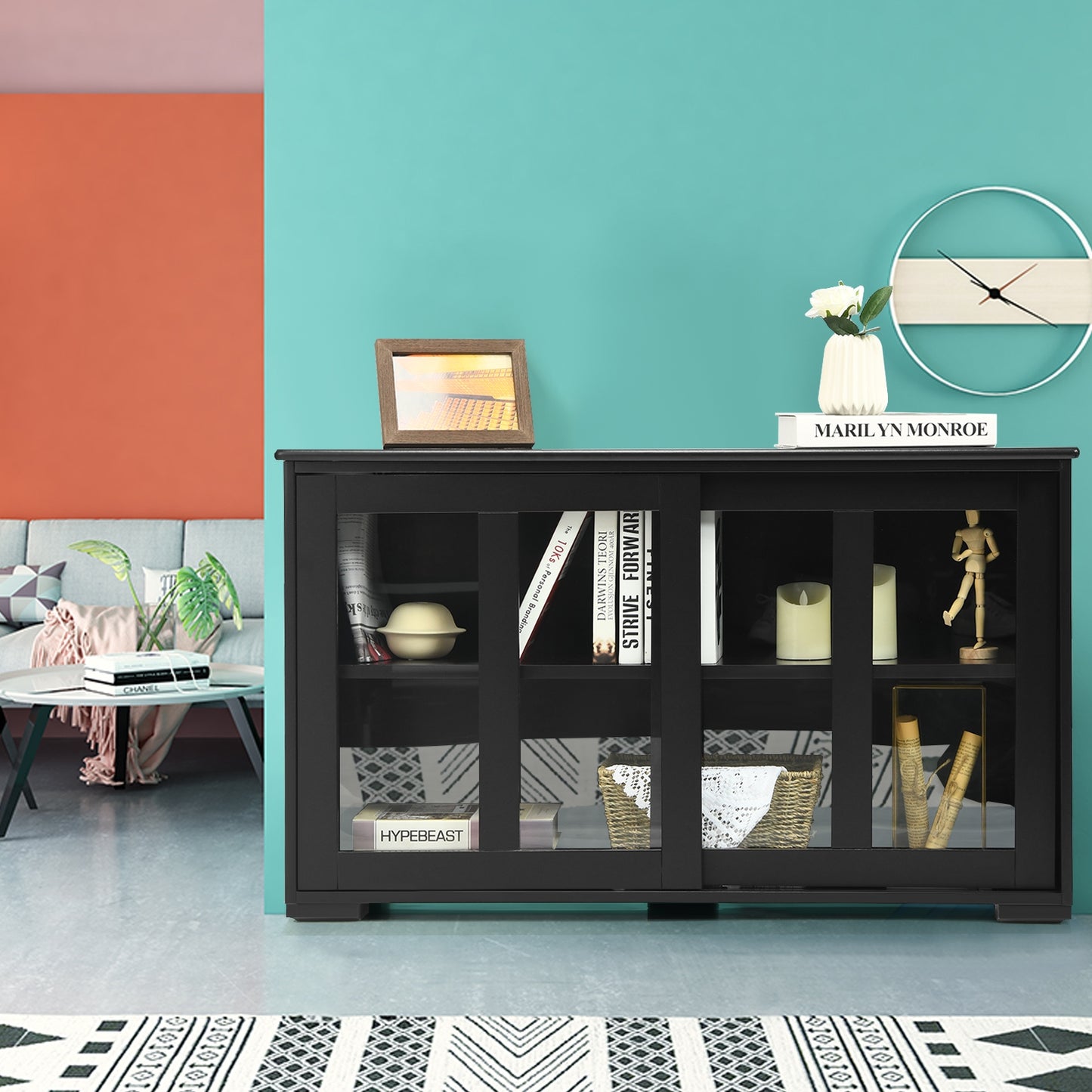 Modern Sliding Door Buffet Sideboard with Glass Cabinet Storage and Shelves - Black