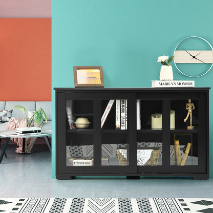 Modern Sliding Door Buffet Sideboard with Glass Cabinet Storage and Shelves - Black
