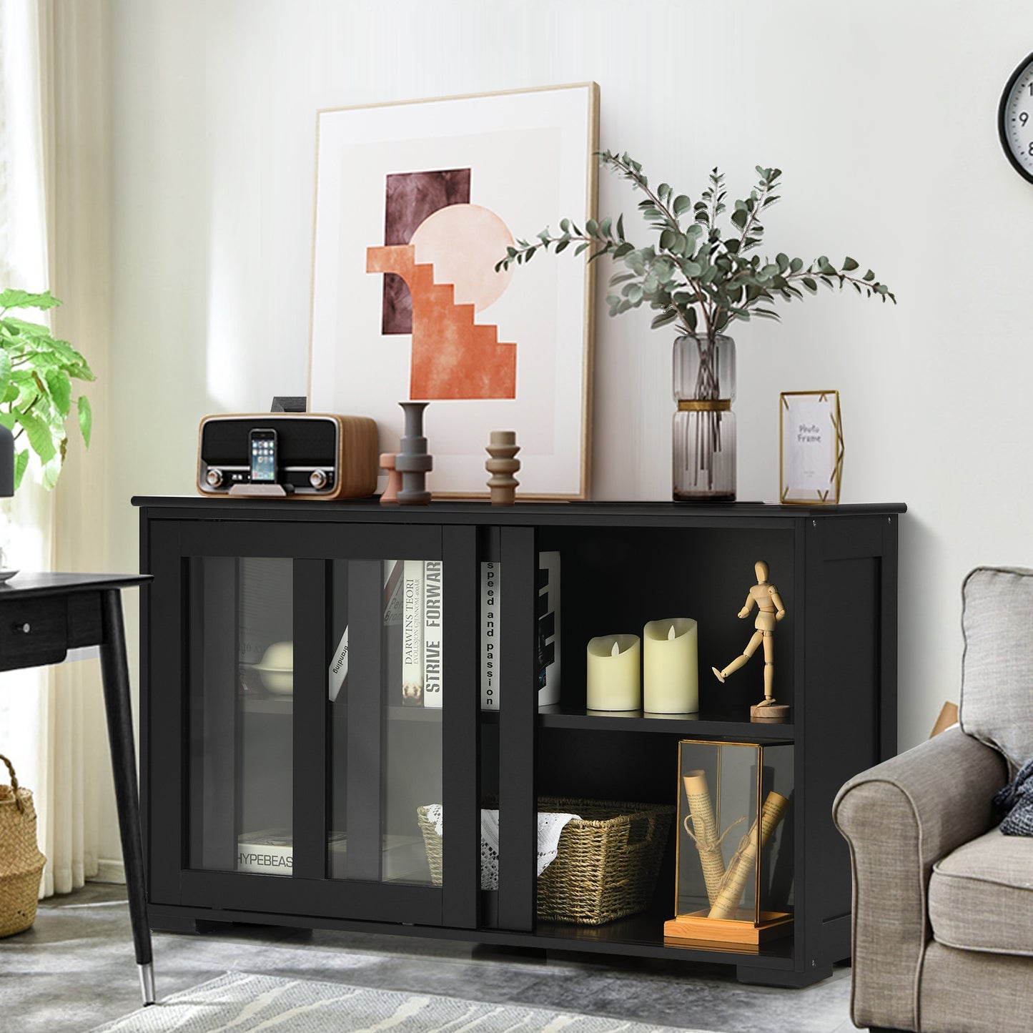 Modern Sliding Door Buffet Sideboard with Glass Cabinet Storage and Shelves - Black