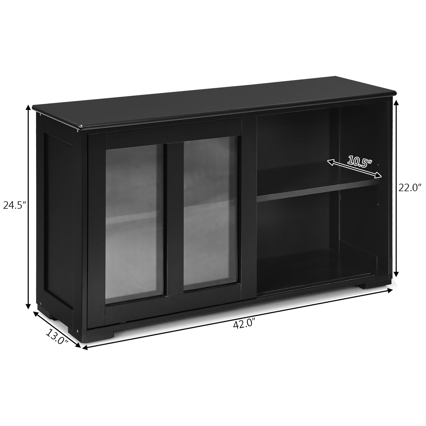 Modern Sliding Door Buffet Sideboard with Glass Cabinet Storage and Shelves - Black