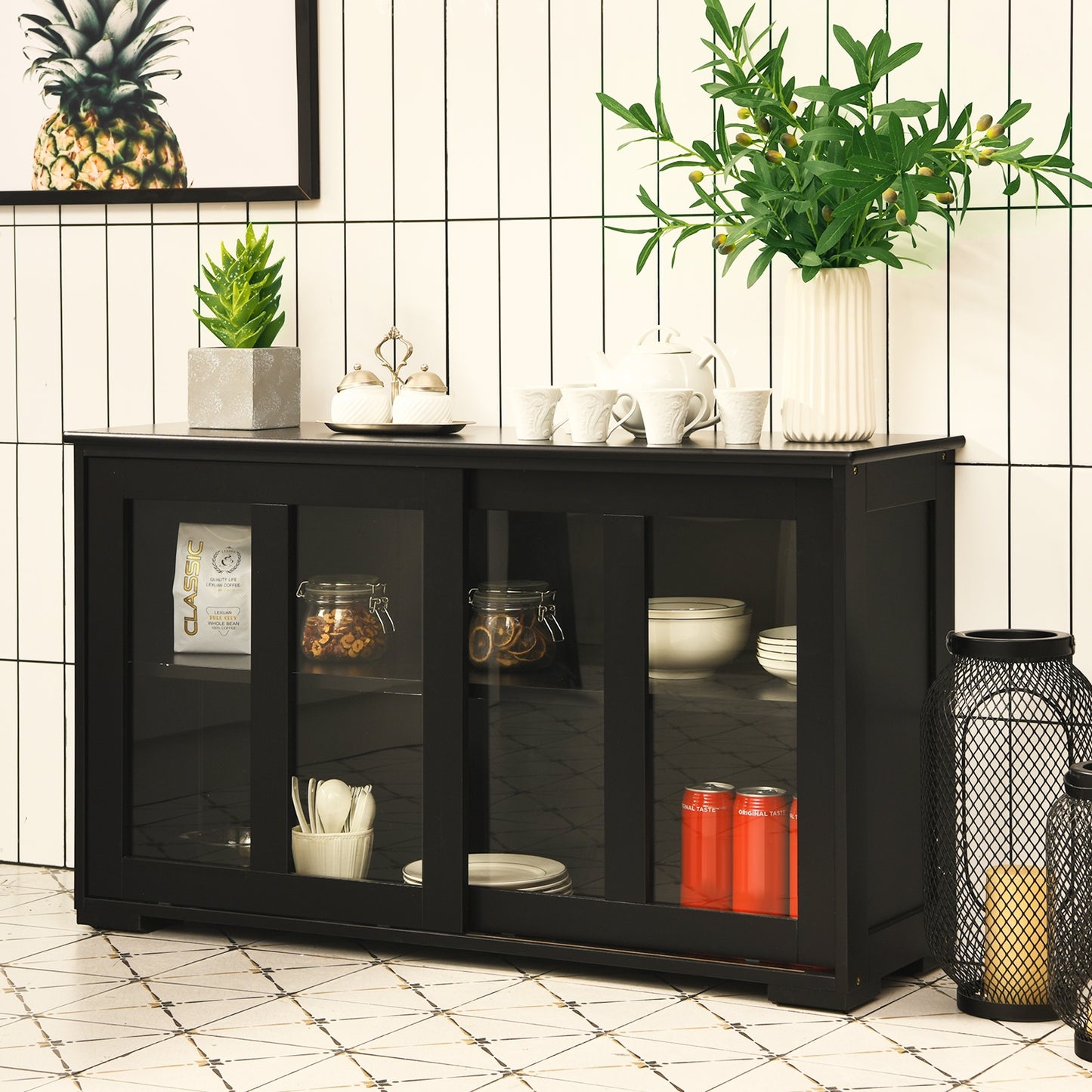 Modern Sliding Door Buffet Sideboard with Glass Cabinet Storage and Shelves - Black