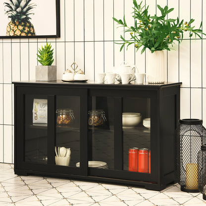 Modern Sliding Door Buffet Sideboard with Glass Cabinet Storage and Shelves - Black