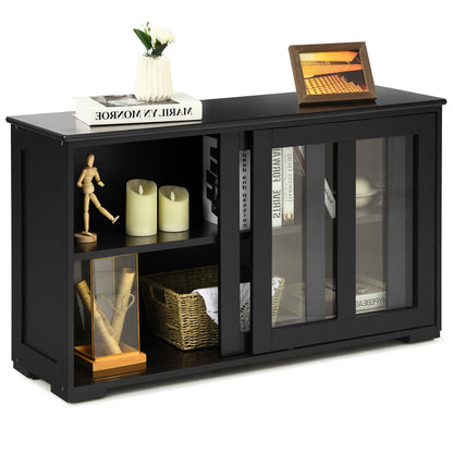Modern Sliding Door Buffet Sideboard with Glass Cabinet Storage and Shelves - Black