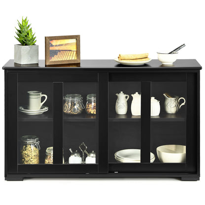 Modern Sliding Door Buffet Sideboard with Glass Cabinet Storage and Shelves - Black