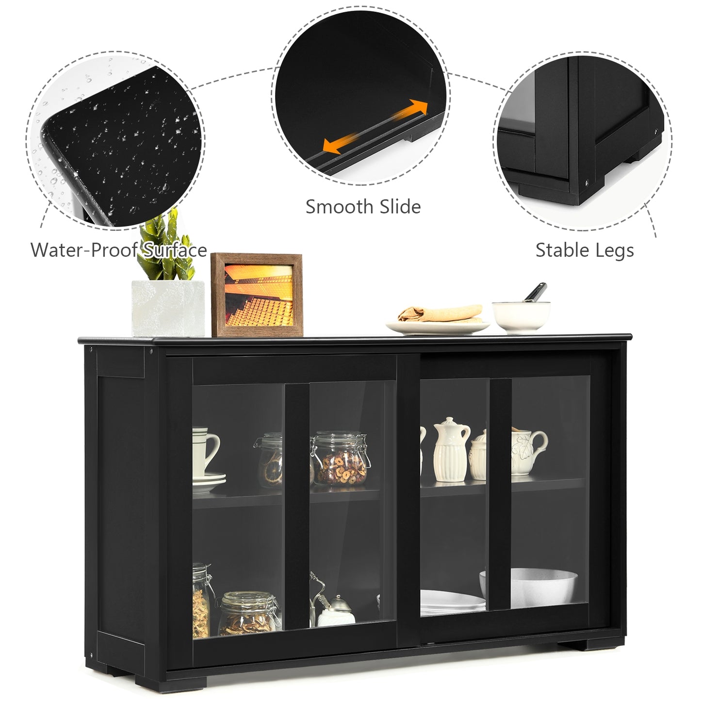 Modern Sliding Door Buffet Sideboard with Glass Cabinet Storage and Shelves - Black