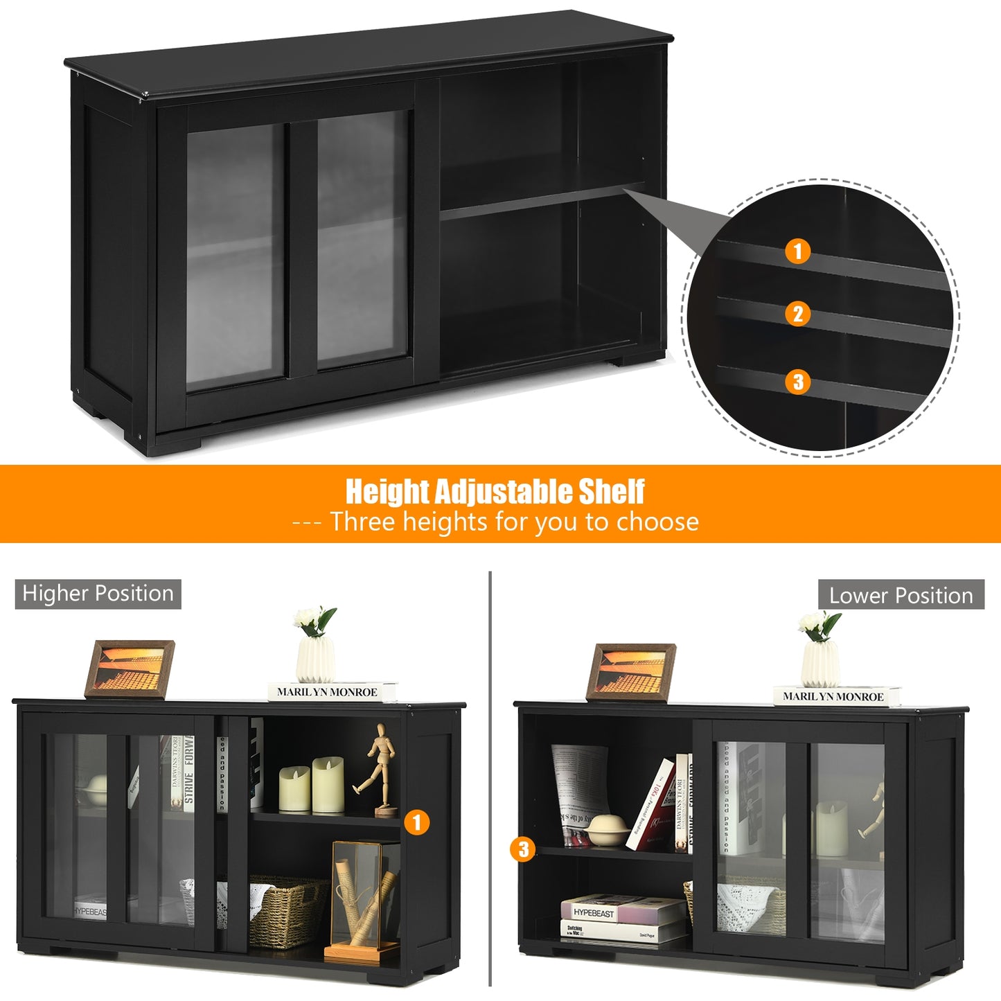 Modern Sliding Door Buffet Sideboard with Glass Cabinet Storage and Shelves - Black