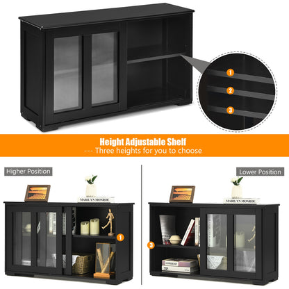 Modern Sliding Door Buffet Sideboard with Glass Cabinet Storage and Shelves - Black