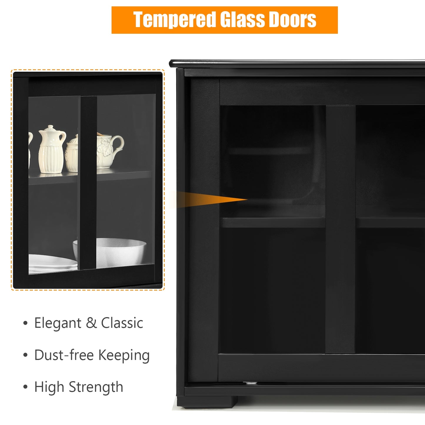 Modern Sliding Door Buffet Sideboard with Glass Cabinet Storage and Shelves - Black