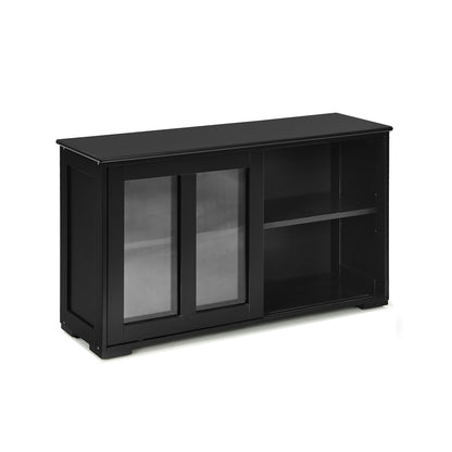 Modern Sliding Door Buffet Sideboard with Glass Cabinet Storage and Shelves - Black