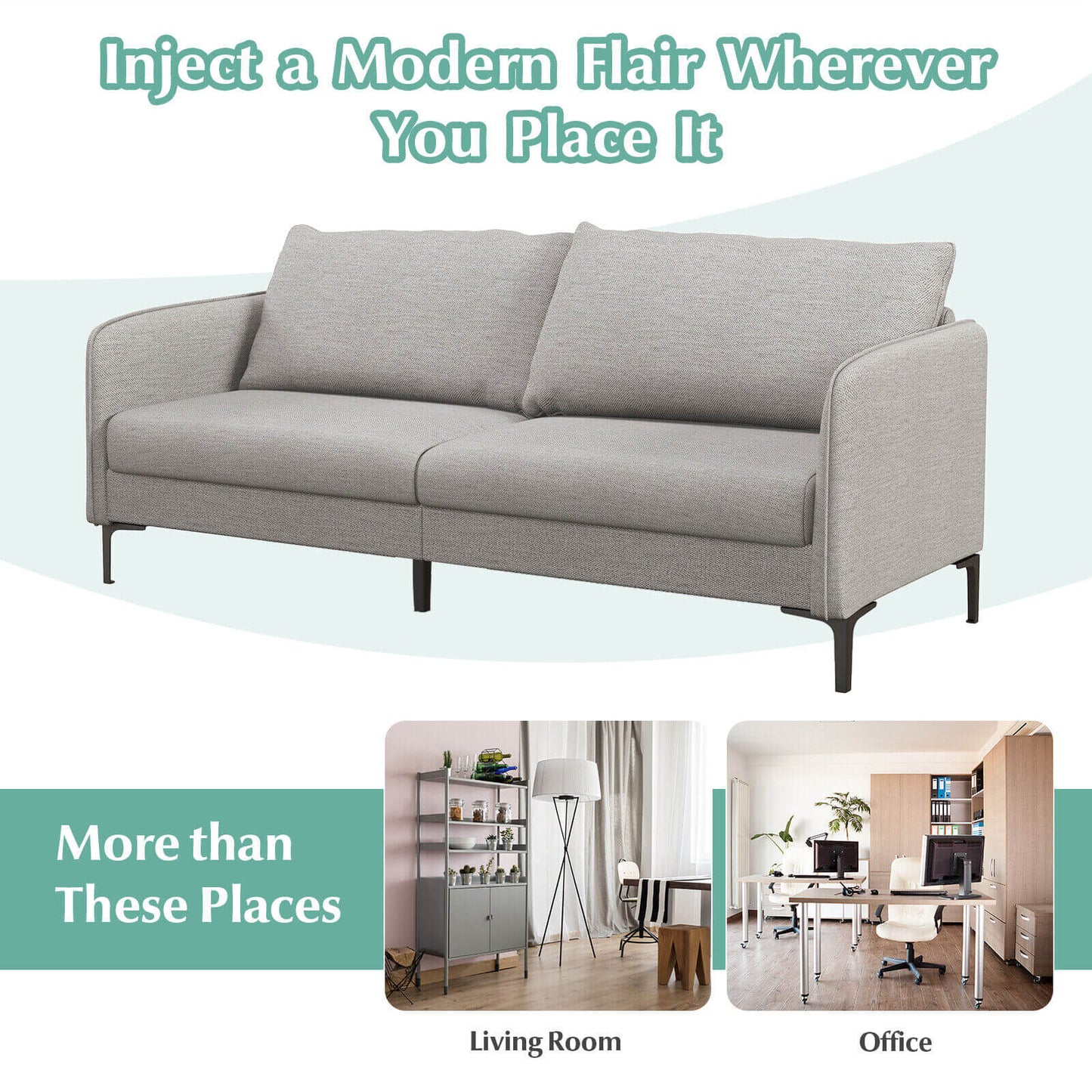 Modern 76 Inch Upholstered Loveseat Sofa with Metal Legs and Removable Cushions