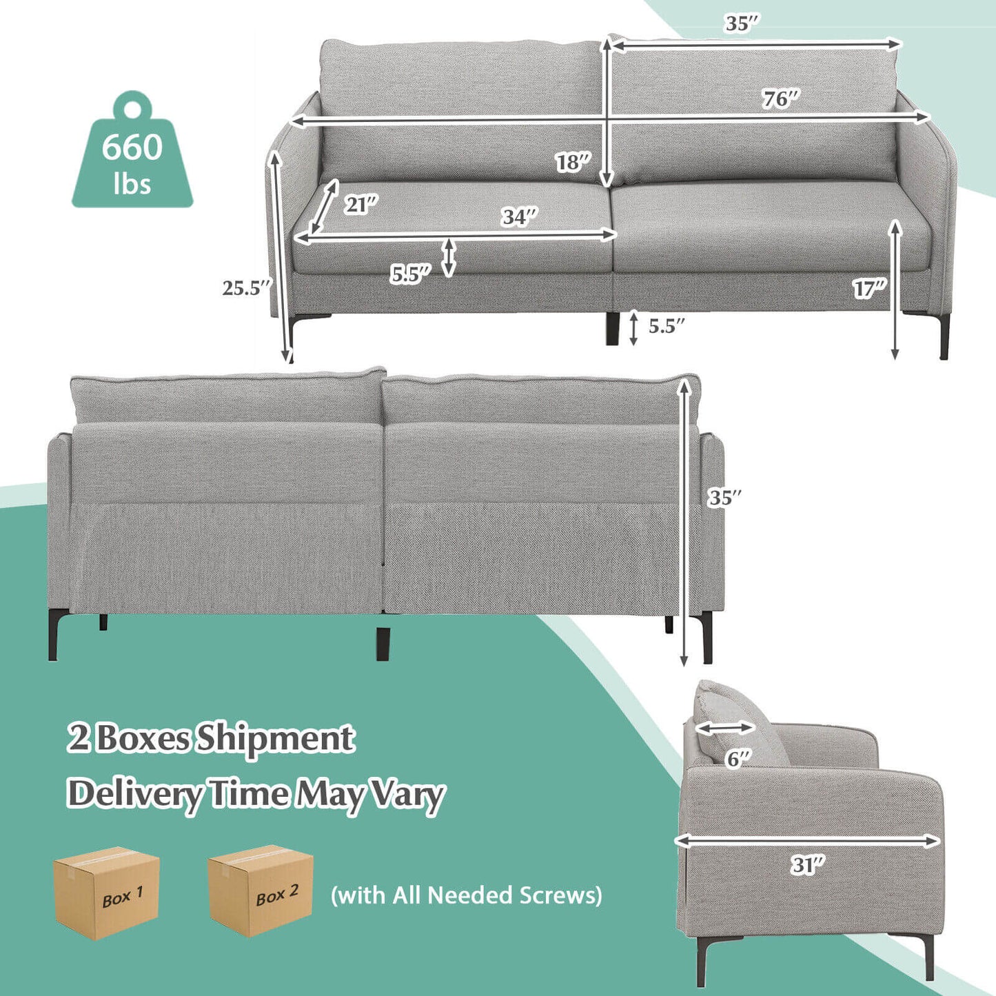 Modern 76 Inch Upholstered Loveseat Sofa with Metal Legs and Removable Cushions