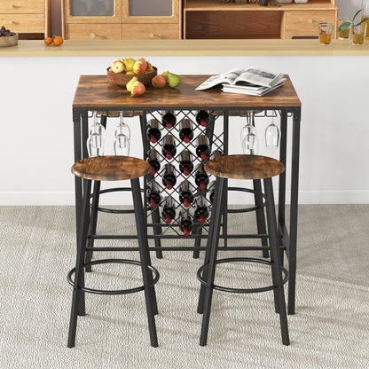 Rustic 5 Piece Bar Dining Set with Wine Storage Rack and Glass Holder for Kitchen or Home Bar