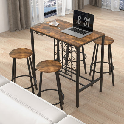 Rustic 5 Piece Bar Dining Set with Wine Storage Rack and Glass Holder for Kitchen or Home Bar