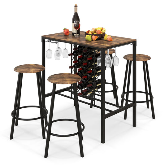 Rustic 5 Piece Bar Dining Set with Wine Storage Rack and Glass Holder for Kitchen or Home Bar