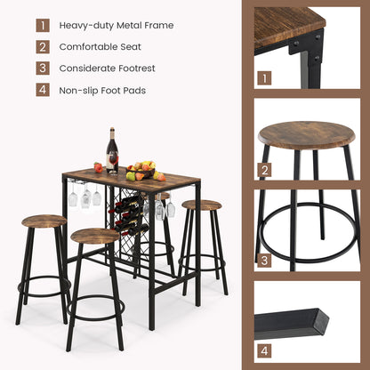 Rustic 5 Piece Bar Dining Set with Wine Storage Rack and Glass Holder for Kitchen or Home Bar