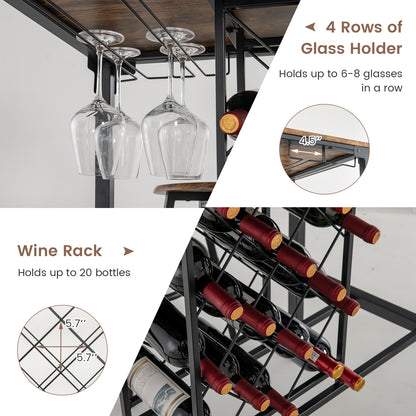 Rustic 5 Piece Bar Dining Set with Wine Storage Rack and Glass Holder for Kitchen or Home Bar