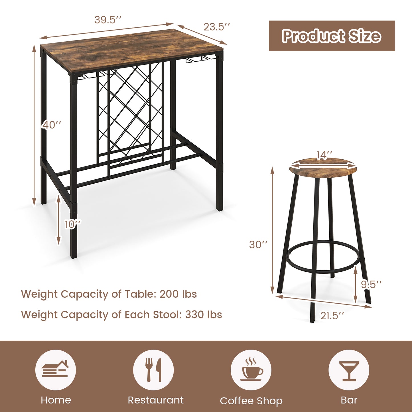 Rustic 5 Piece Bar Dining Set with Wine Storage Rack and Glass Holder for Kitchen or Home Bar