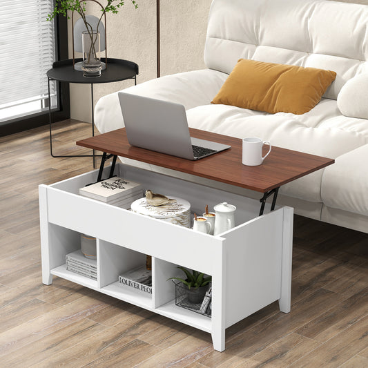 Adjustable Lift Top Coffee Table with Storage Shelves and Hidden Compartment - White