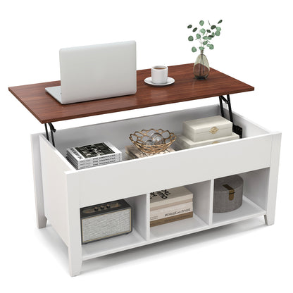 Adjustable Lift Top Coffee Table with Storage Shelves and Hidden Compartment - White